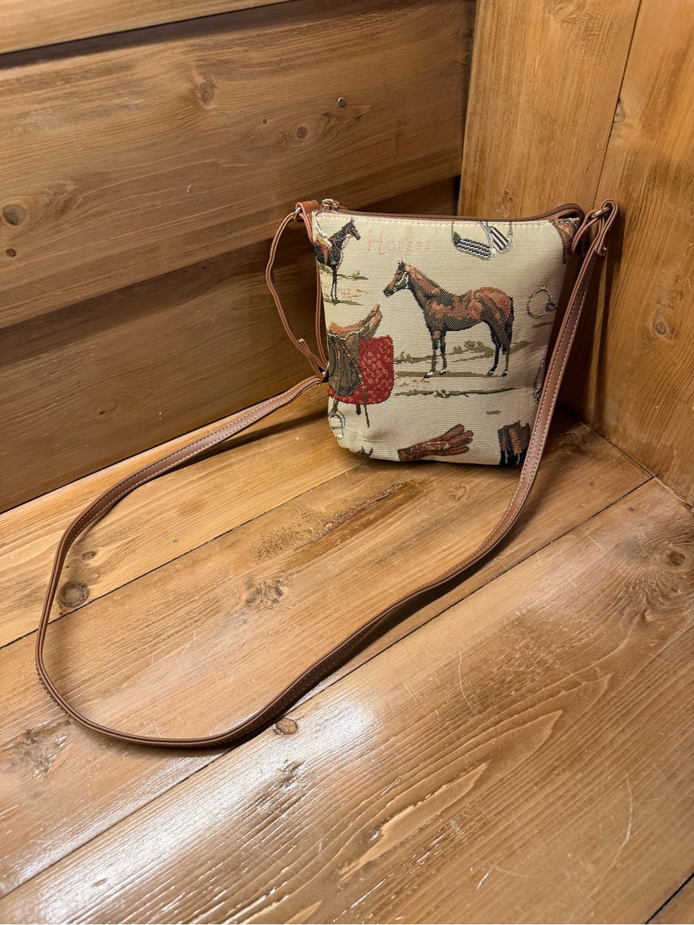Equestrian Signare Print Crossbody Bag in Beige and Brown